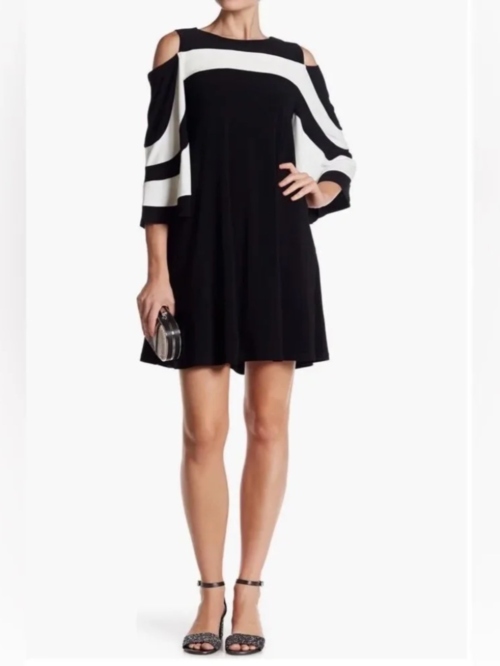 Nina Leonard Black & White Cold Shoulder Dress, Large, EUC